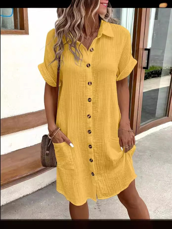 💎50% OFF! 💎 Women's Buttoned Short Sleeve Pocket Shirt Dress – Cotton Blend, Relaxed Fit & Everyday Versatility (M–2XL) 👗🌿