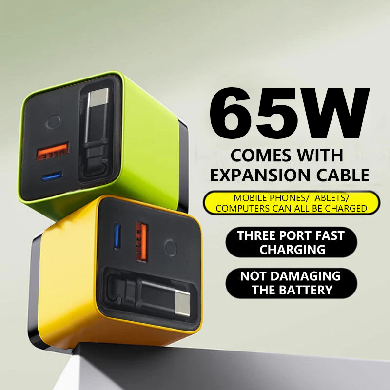🔌50% OFF NOW! 65W Fast Charging Phone Charger Block with Retractable 80cm Type‑C Cable‑3‑Port Multi‑Device Wall Charger, Safe Quick Charge for Phones, Tablets & Laptops