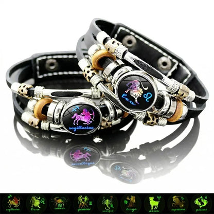 Glow-in-the-Dark 12 Leather Zodiac Bracelet for Men and Women(6.9/8.1in)