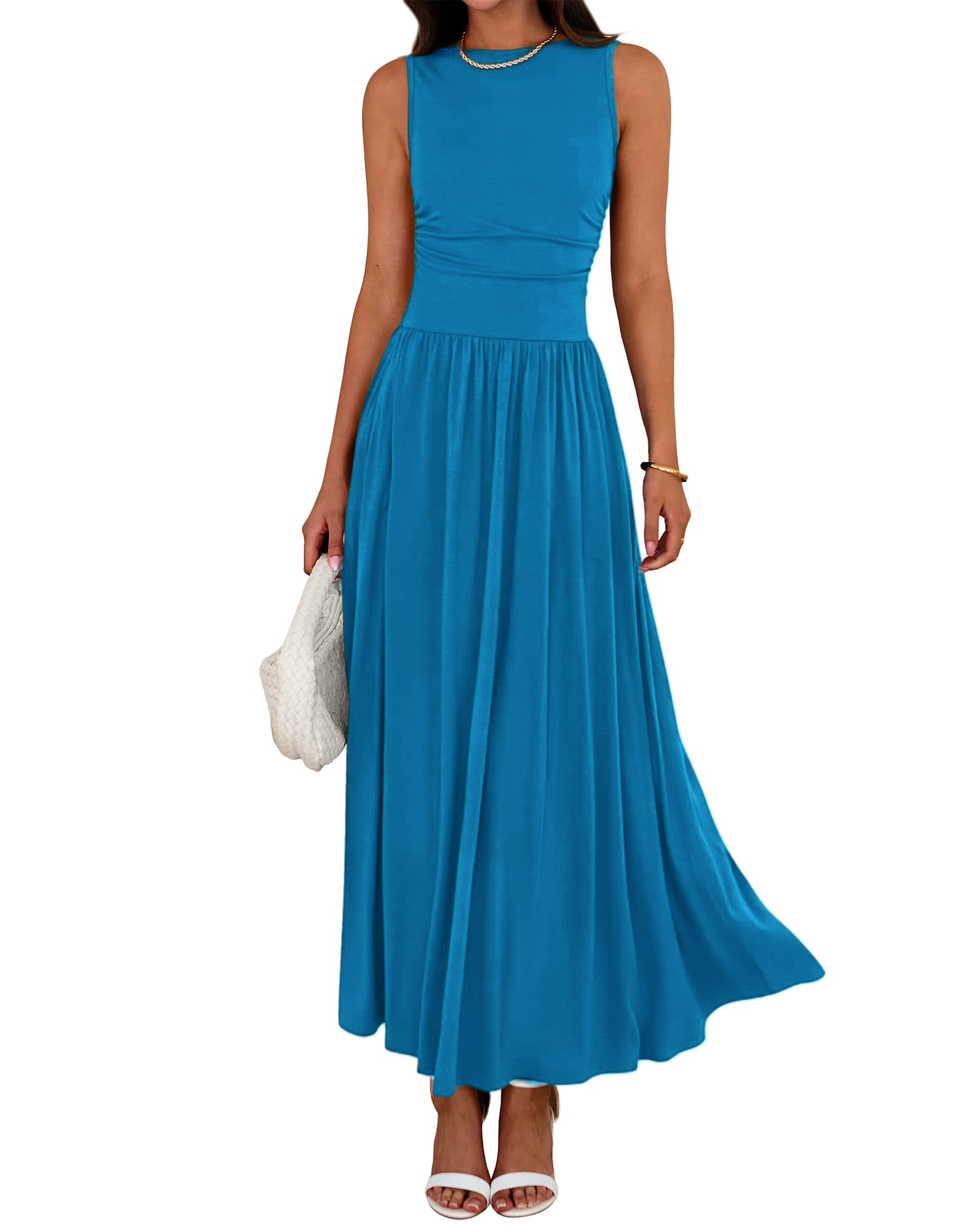 👑Hot Sale 49% OFF💃Women's Solid Color Sleeveless Waist Pleated Design Dress with Pockets