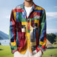 Unisex Simple Rainbow Color Plaid Vintage Printed Lapel Long Sleeve Pocket Shirt