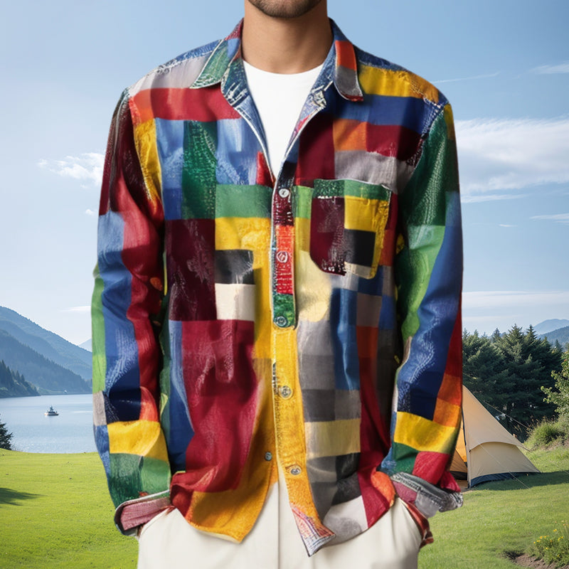 Unisex Simple Rainbow Color Plaid Vintage Printed Lapel Long Sleeve Pocket Shirt