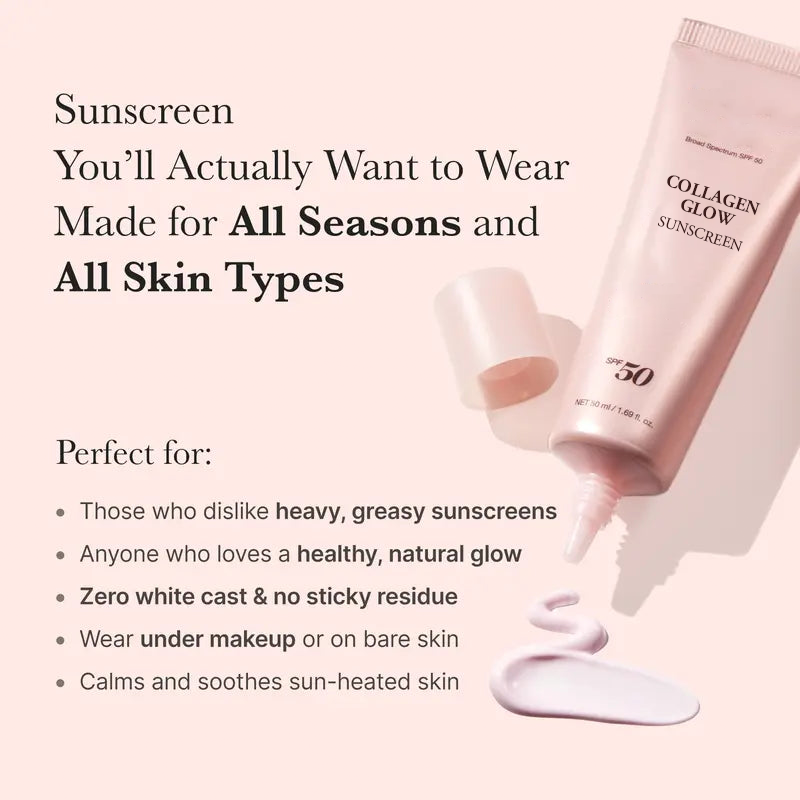 🌸Collagen Sunscreen 🌸| SPF 50 Broad Spectrum Face Sunscreen | Lightweight, Non-Sticky, Hydrating Formula | No White Cast or Residue | Peptide, Cica for Soothing & Natural Glow