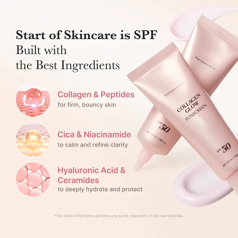 🌸Collagen Sunscreen 🌸| SPF 50 Broad Spectrum Face Sunscreen | Lightweight, Non-Sticky, Hydrating Formula | No White Cast or Residue | Peptide, Cica for Soothing & Natural Glow
