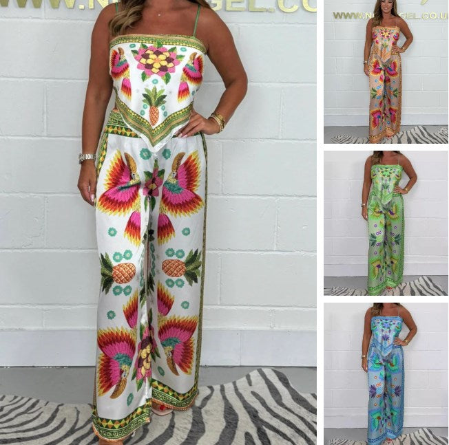 Women's Spaghetti Strap Printed Top & Loose Pants 2-Piece Set🌙 Free Moon & Star Necklace for today’s first 30 orders! 🎁