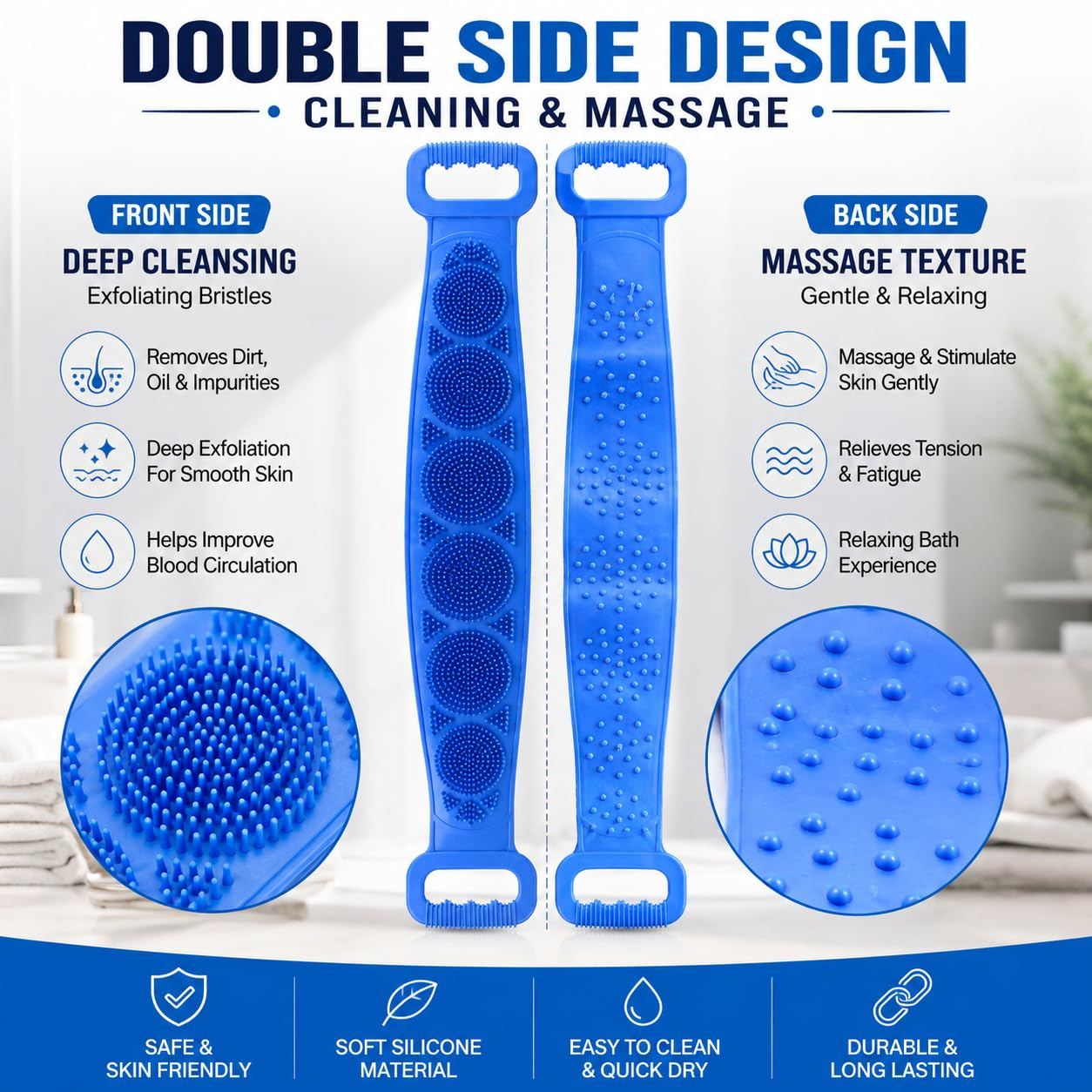 🧼Silicone Back Scrubber for Bath, Double-Sided Body Exfoliating Bath Brush with Soft Silicone Bristles