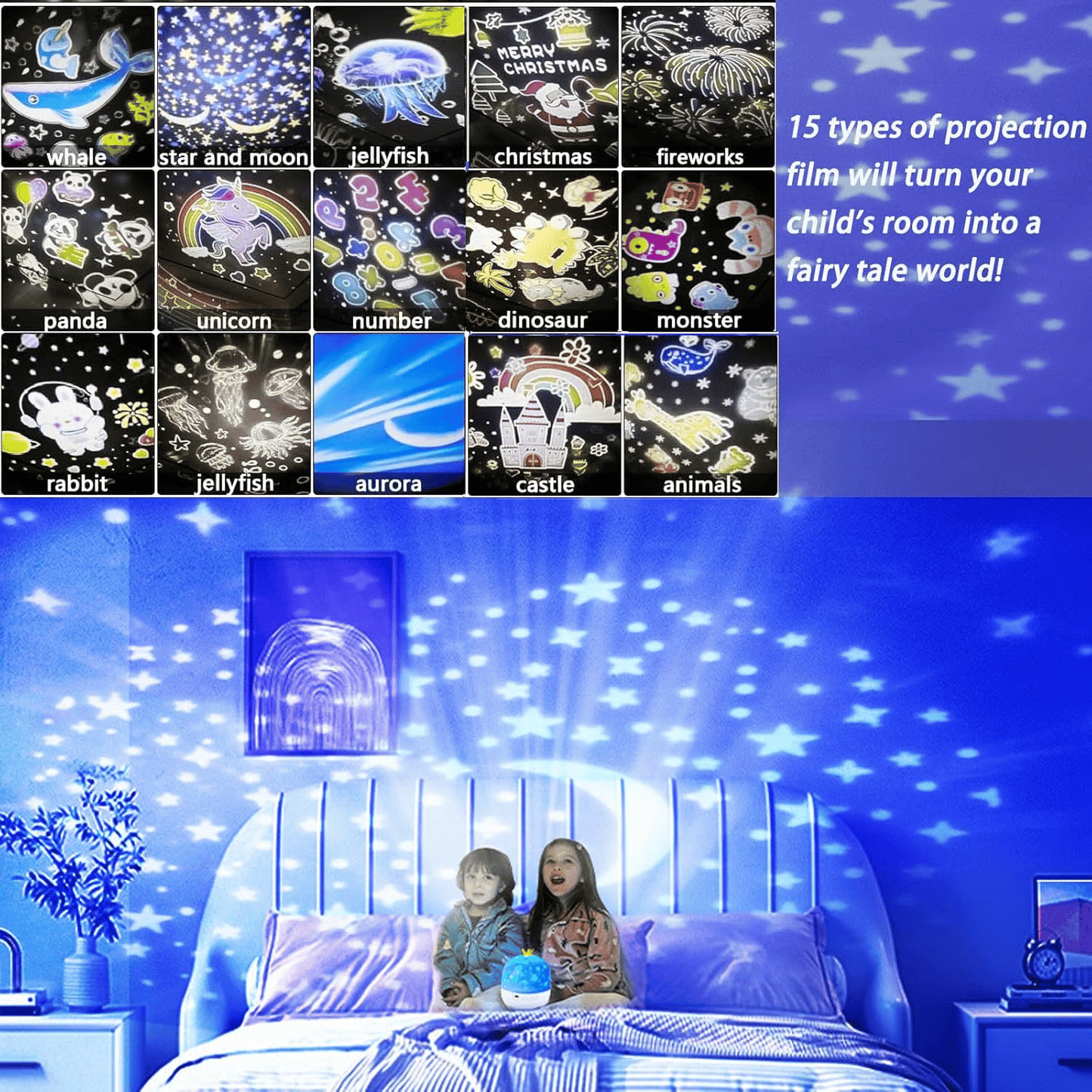 ⏳Limited time 50% discount💥🎃👻 Children's night light projector with 15 films 🔋Type-C charging