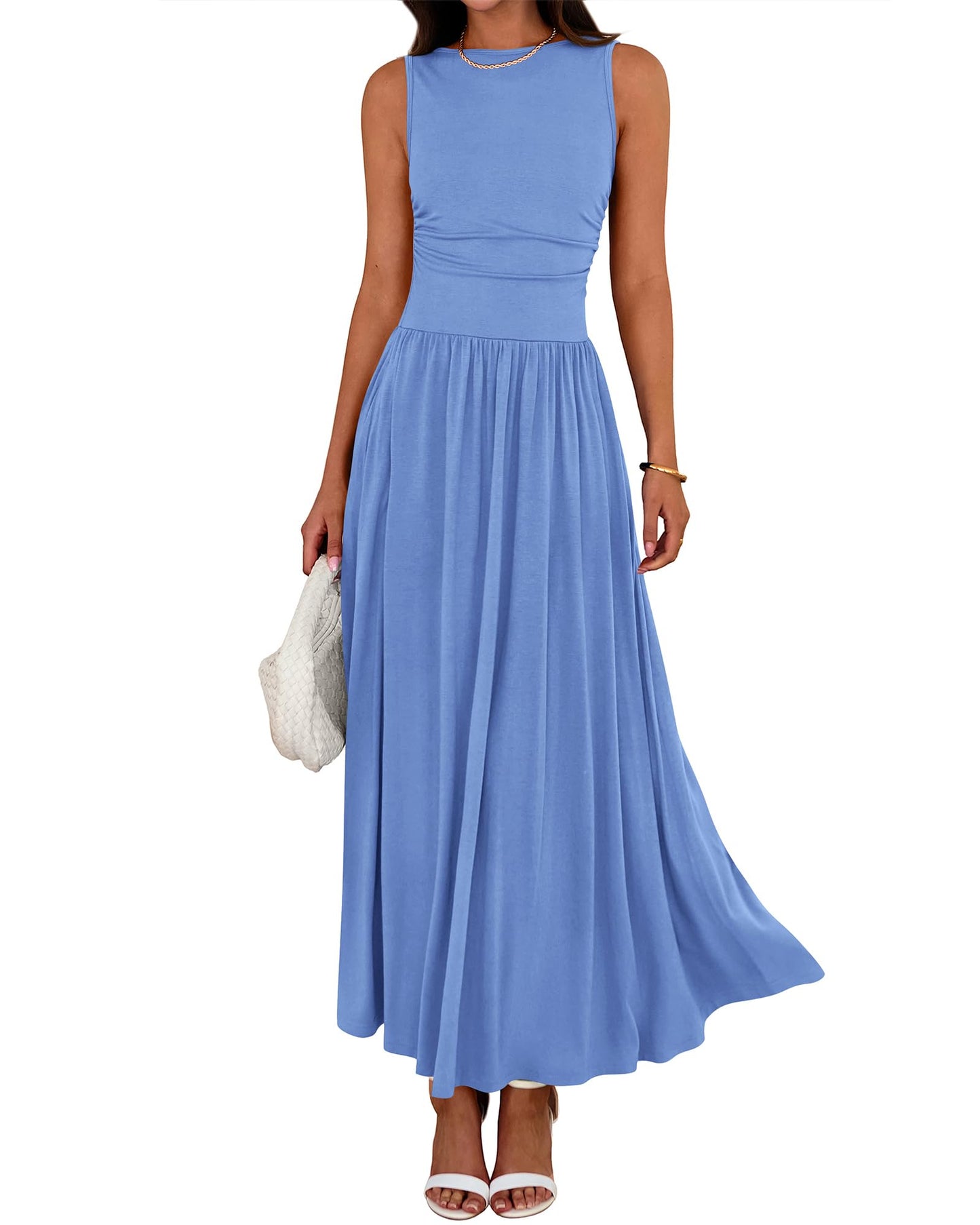 👑Hot Sale 49% OFF💃Women's Solid Color Sleeveless Waist Pleated Design Dress with Pockets