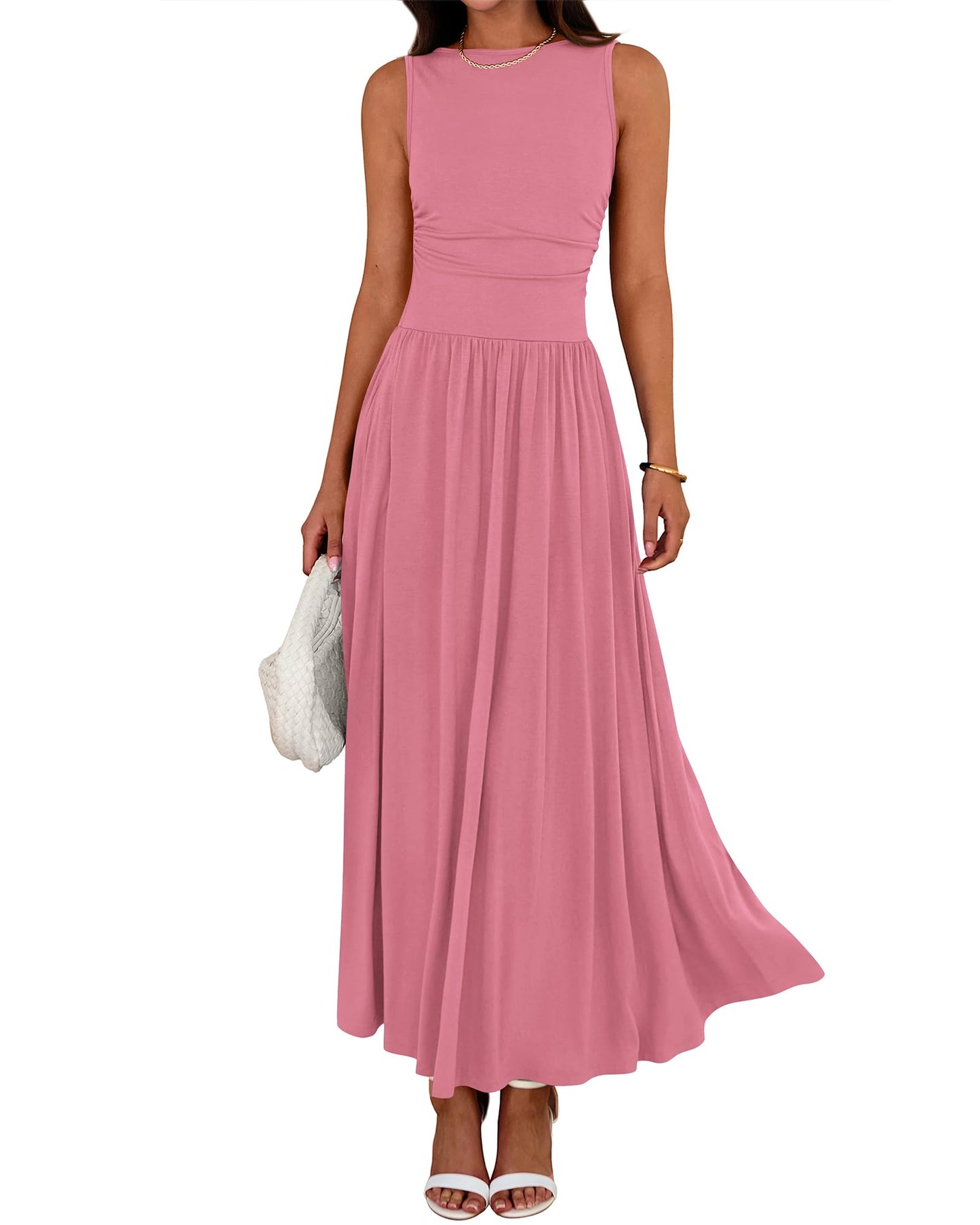 👑Hot Sale 49% OFF💃Women's Solid Color Sleeveless Waist Pleated Design Dress with Pockets