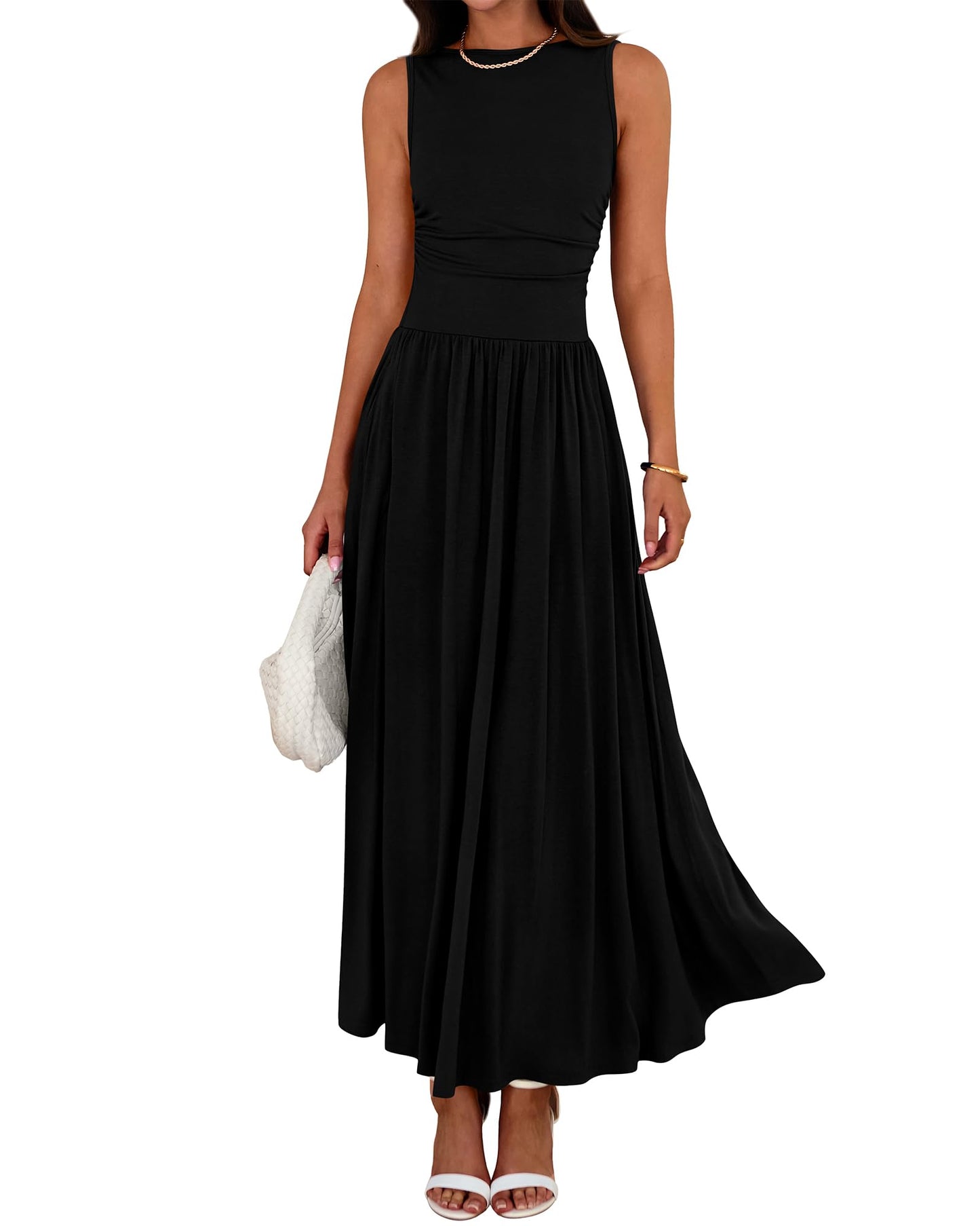 👑Hot Sale 49% OFF💃Women's Solid Color Sleeveless Waist Pleated Design Dress with Pockets