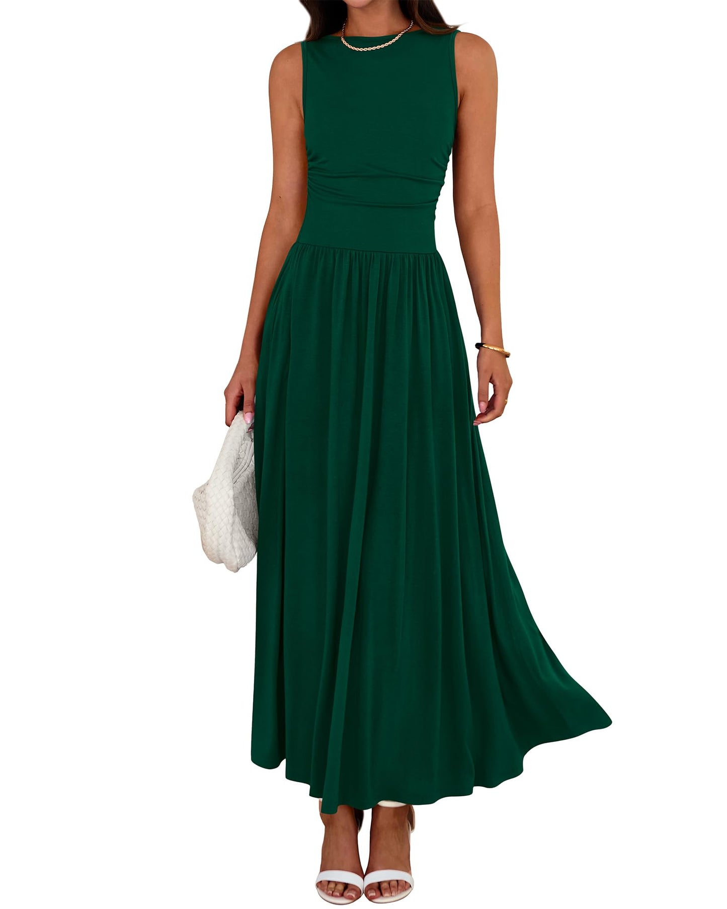 👑Hot Sale 49% OFF💃Women's Solid Color Sleeveless Waist Pleated Design Dress with Pockets