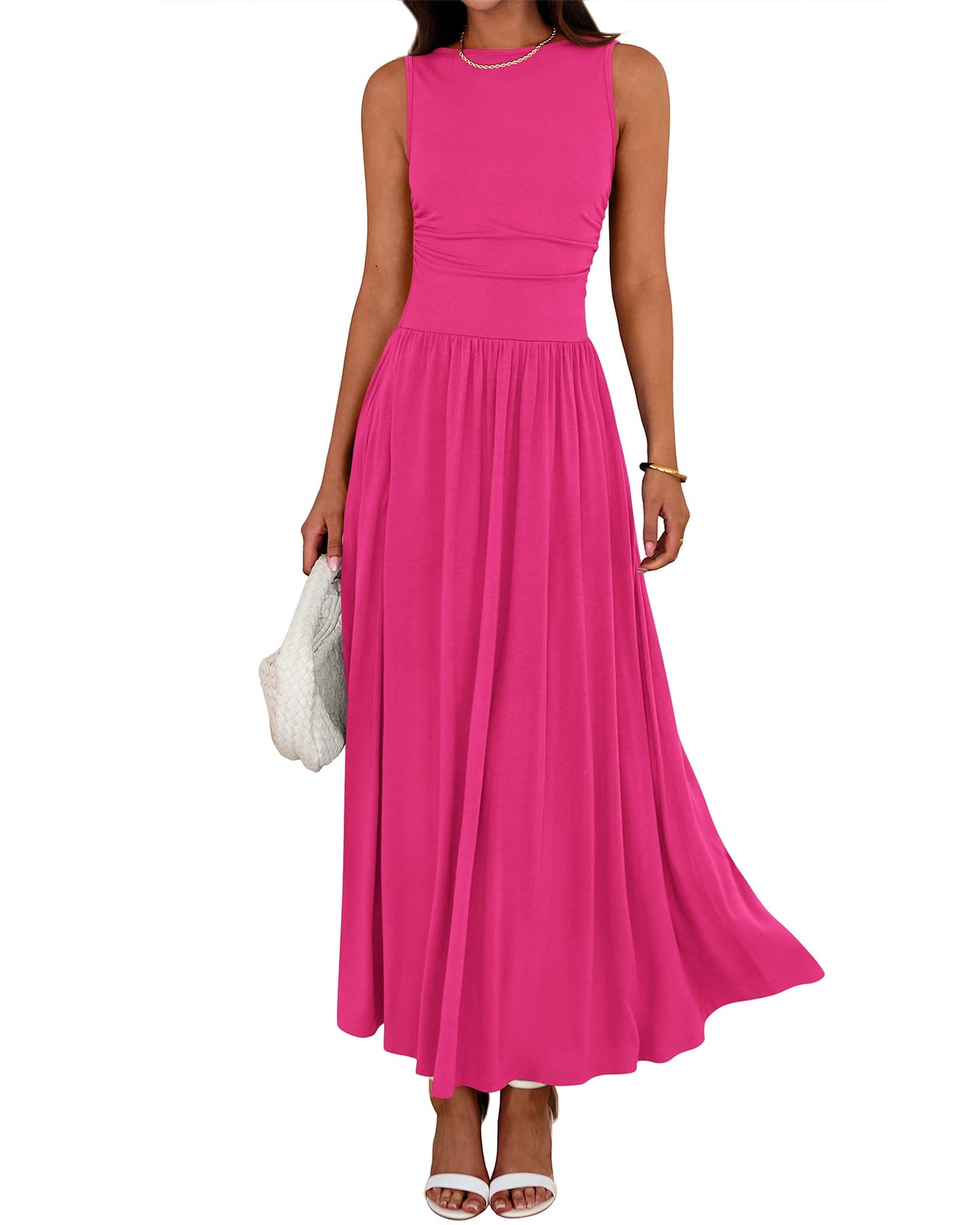 👑Hot Sale 49% OFF💃Women's Solid Color Sleeveless Waist Pleated Design Dress with Pockets