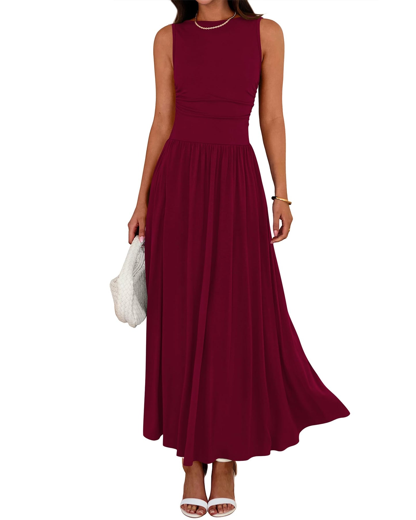 👑Hot Sale 49% OFF💃Women's Solid Color Sleeveless Waist Pleated Design Dress with Pockets