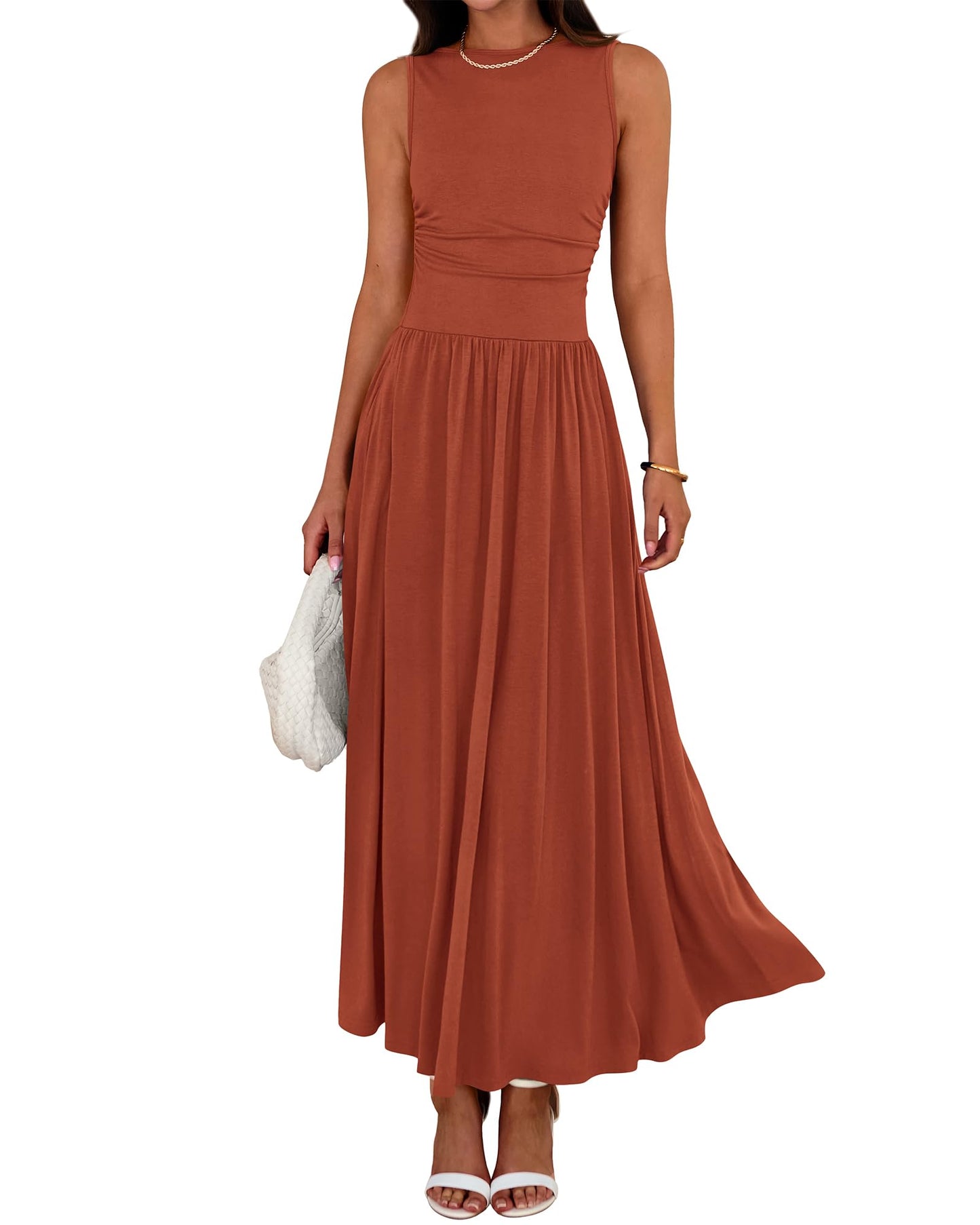 👑Hot Sale 49% OFF💃Women's Solid Color Sleeveless Waist Pleated Design Dress with Pockets