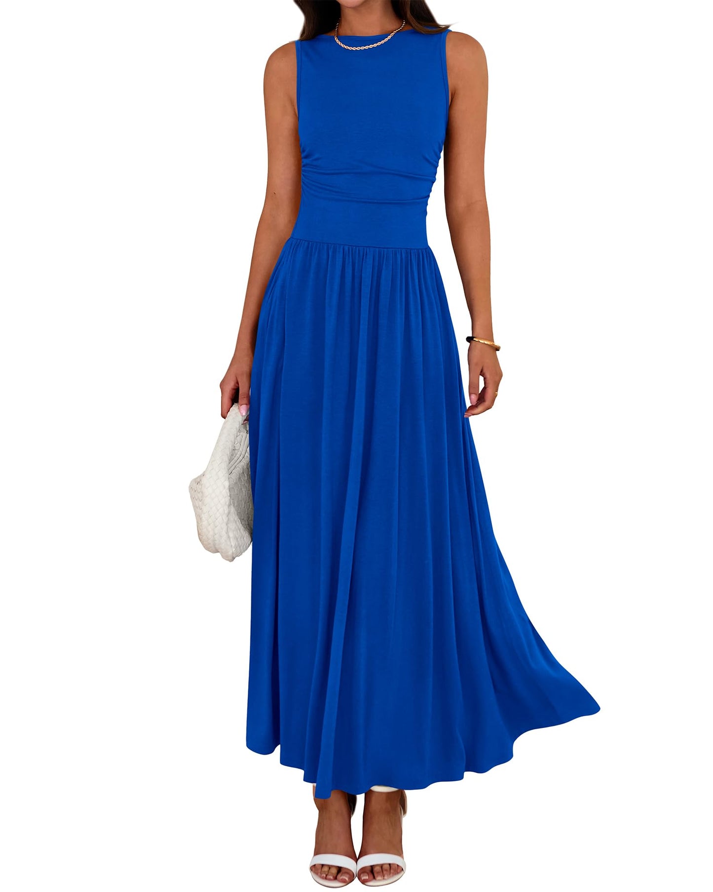👑Hot Sale 49% OFF💃Women's Solid Color Sleeveless Waist Pleated Design Dress with Pockets