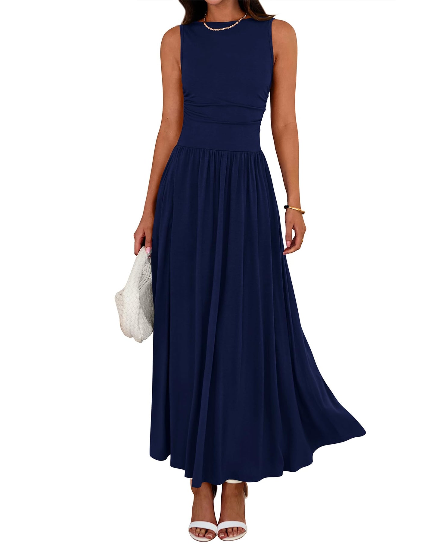 👑Hot Sale 49% OFF💃Women's Solid Color Sleeveless Waist Pleated Design Dress with Pockets