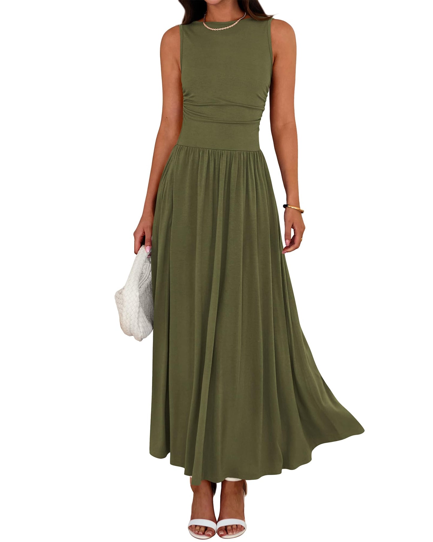👑Hot Sale 49% OFF💃Women's Solid Color Sleeveless Waist Pleated Design Dress with Pockets