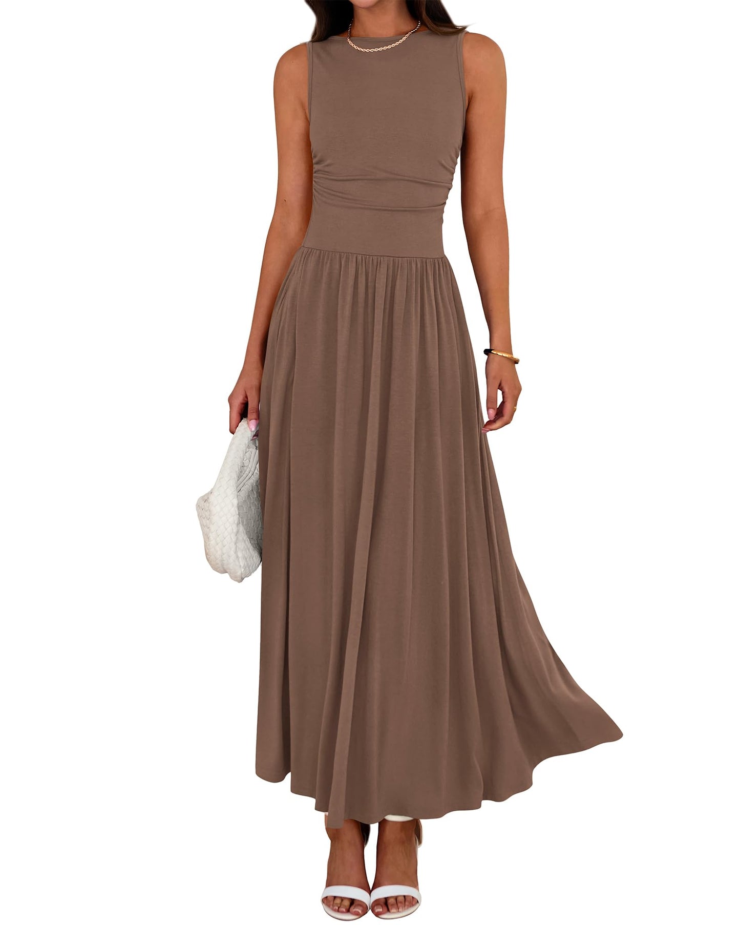 👑Hot Sale 49% OFF💃Women's Solid Color Sleeveless Waist Pleated Design Dress with Pockets