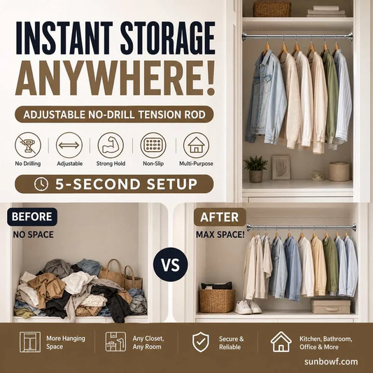✨ Install in seconds without drilling—adjustable tension rod for smarter storage at home 🏠
