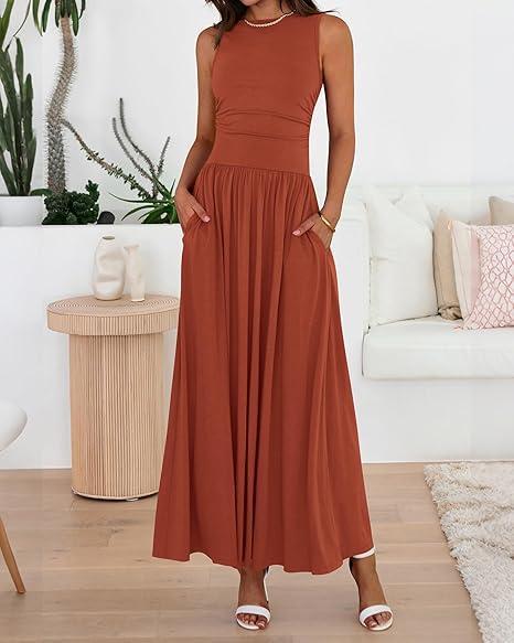 👑Hot Sale 49% OFF💃Women's Solid Color Sleeveless Waist Pleated Design Dress with Pockets