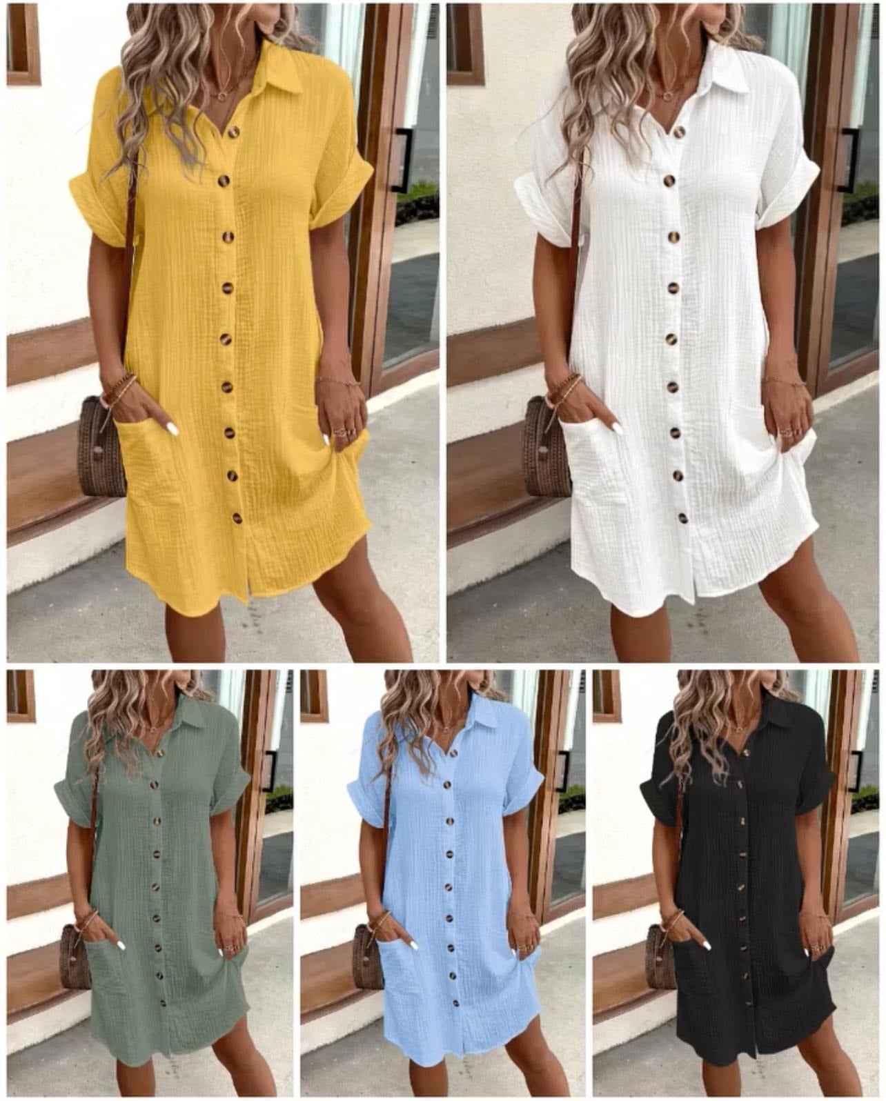 💎50% OFF! 💎 Women's Buttoned Short Sleeve Pocket Shirt Dress – Cotton Blend, Relaxed Fit & Everyday Versatility (M–2XL) 👗🌿