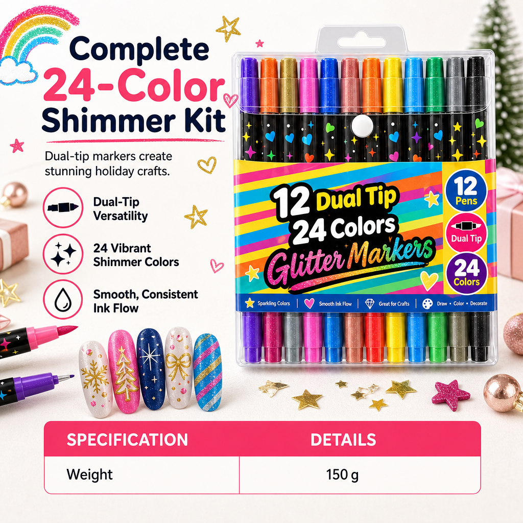 ⏰🎁24 Pack Dual Tip Glitter Markers and Highlighters Set 24 Colors Double Ended Soft Brush Tip Pens for Student Art Drawing