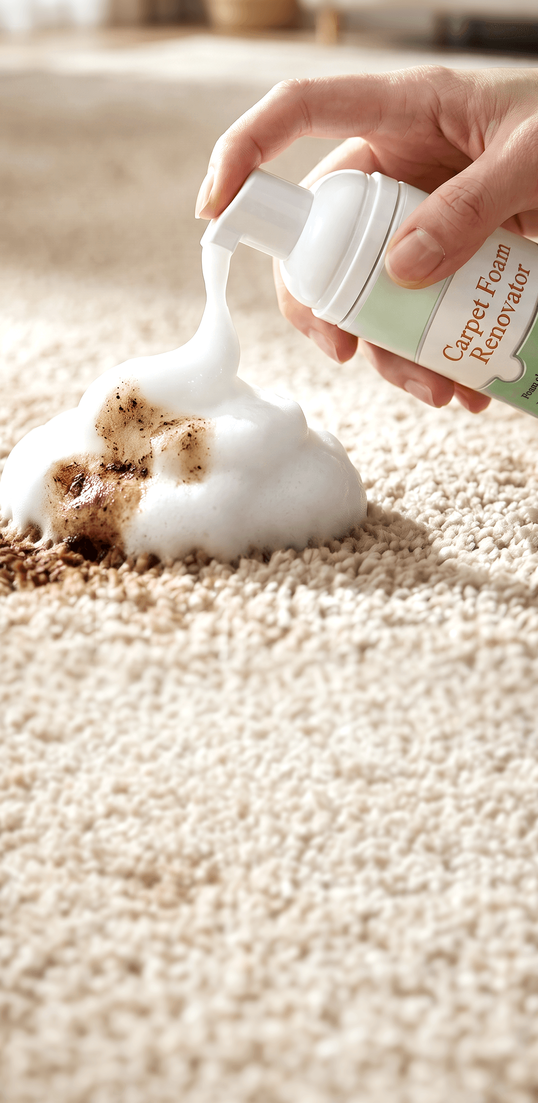 Dense foam working into carpet fibers around a dirty spot
