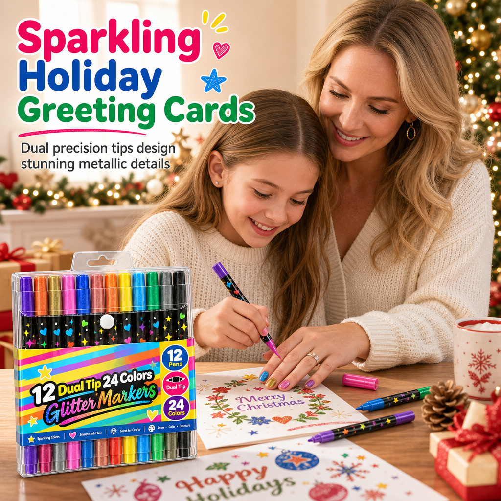 ⏰🎁24 Pack Dual Tip Glitter Markers and Highlighters Set 24 Colors Double Ended Soft Brush Tip Pens for Student Art Drawing