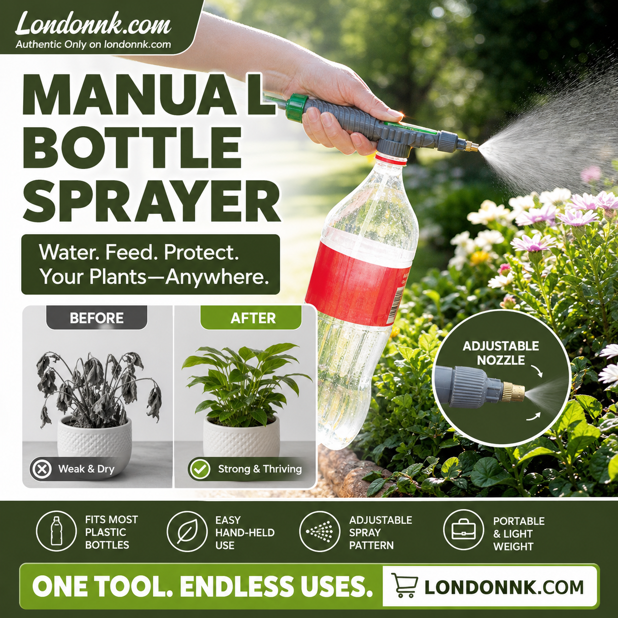 🌿50% OFF NOW! Manual Drink Bottle Sprayer with Adjustable Nozzle‑Portable DIY Garden Spray Tool, Fits Standard Plastic Bottles for Plant Watering, Fertilizing & Pest Control