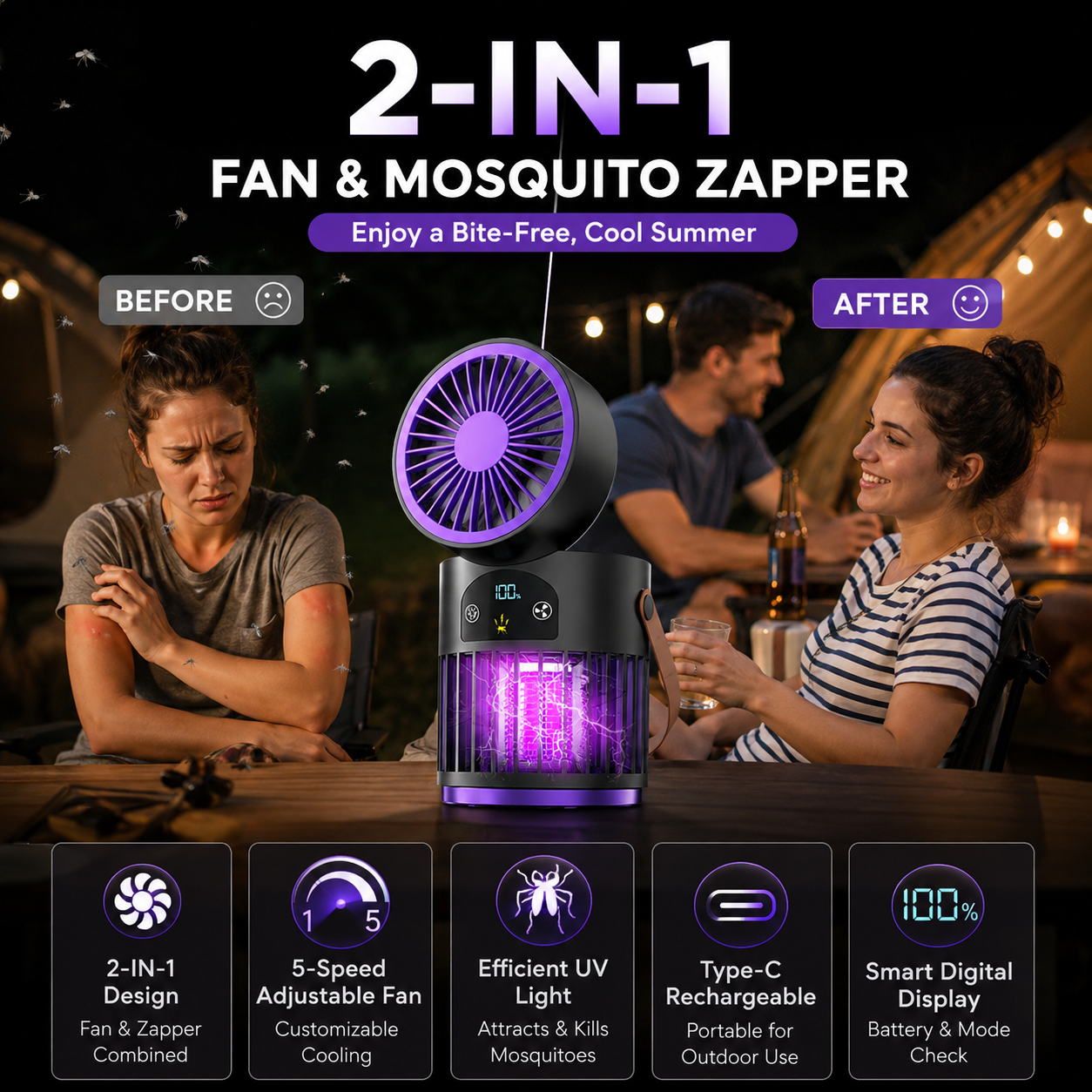 🔥Limited Time Promotion 50% OFF🔥Portable Rechargeable Fan with UV Bug Zapper Light