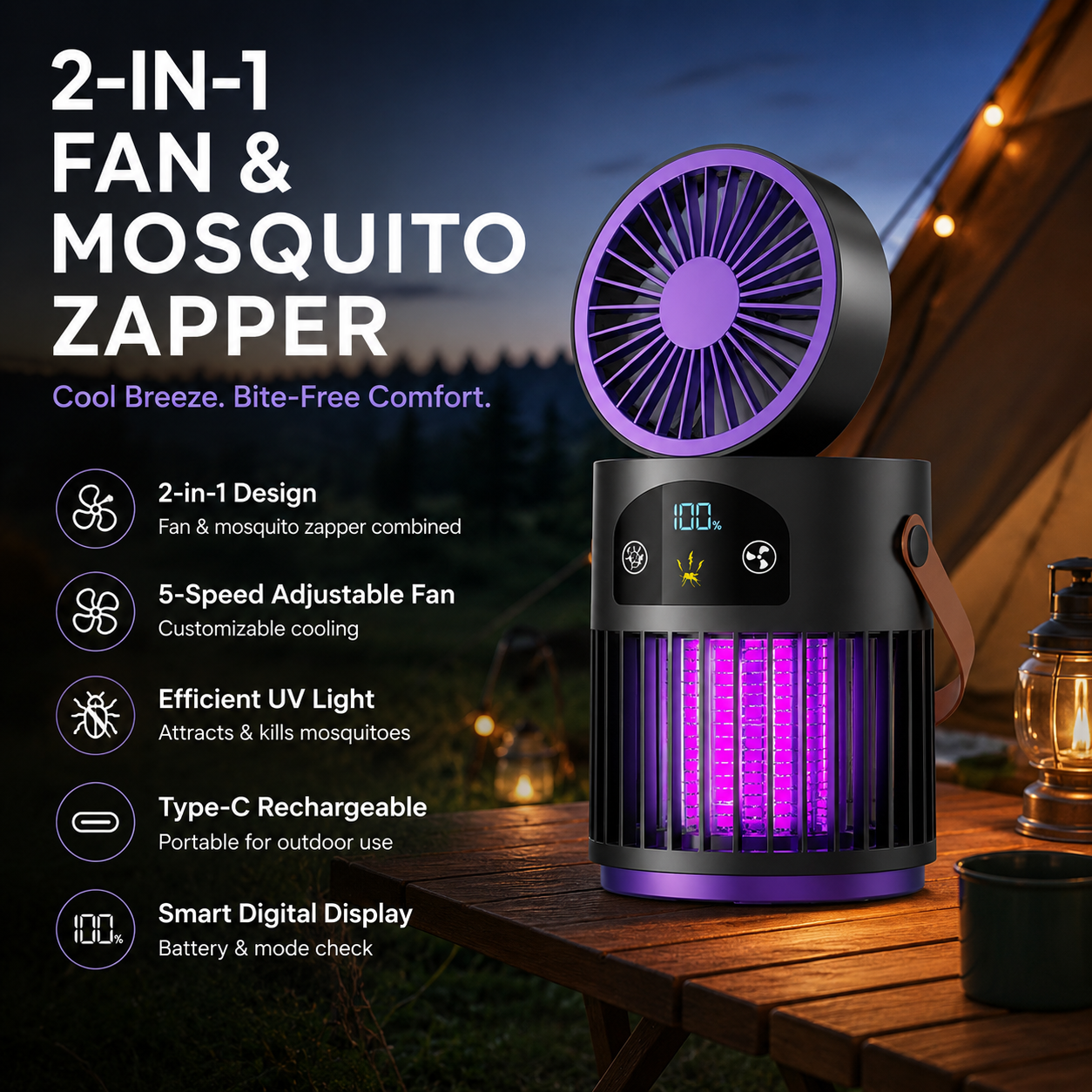 🔥Limited Time Promotion 50% OFF🔥Portable Rechargeable Fan with UV Bug Zapper Light