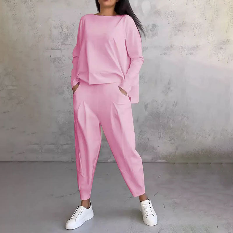 Round-Neck Long-Sleeved Top ＆ Pants 2-Piece Set | Wrinkle-Free & Breathable |