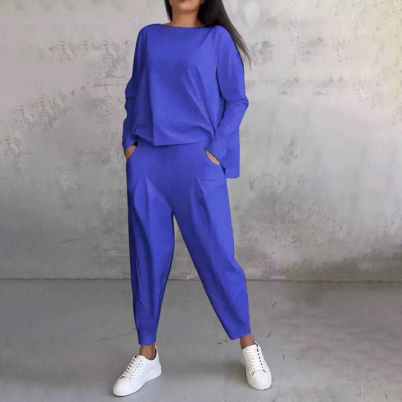 Round-Neck Long-Sleeved Top ＆ Pants 2-Piece Set | Wrinkle-Free & Breathable |