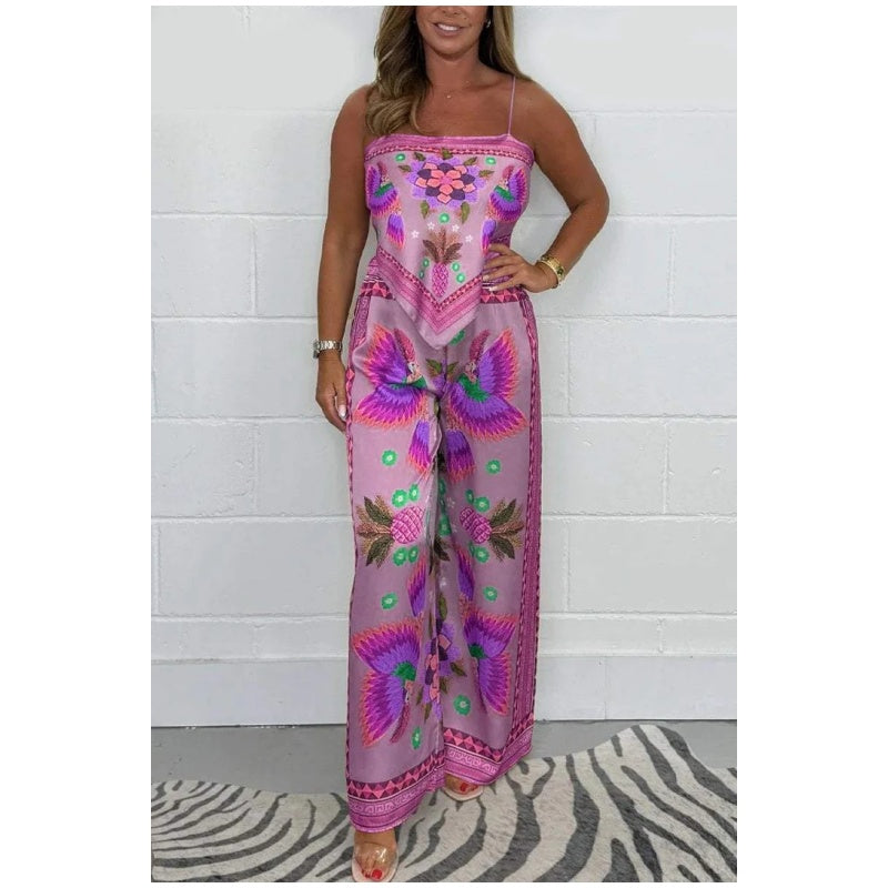 Women's Spaghetti Strap Printed Top & Loose Pants 2-Piece Set🌙 Free Moon & Star Necklace for today’s first 30 orders! 🎁