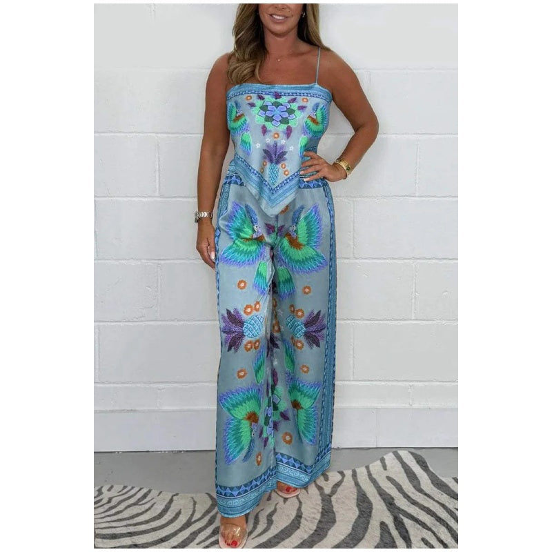 Women's Spaghetti Strap Printed Top & Loose Pants 2-Piece Set🌙 Free Moon & Star Necklace for today’s first 30 orders! 🎁