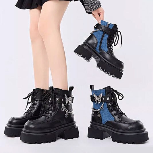 Round Toe Boots with Butterfly Chain Accent