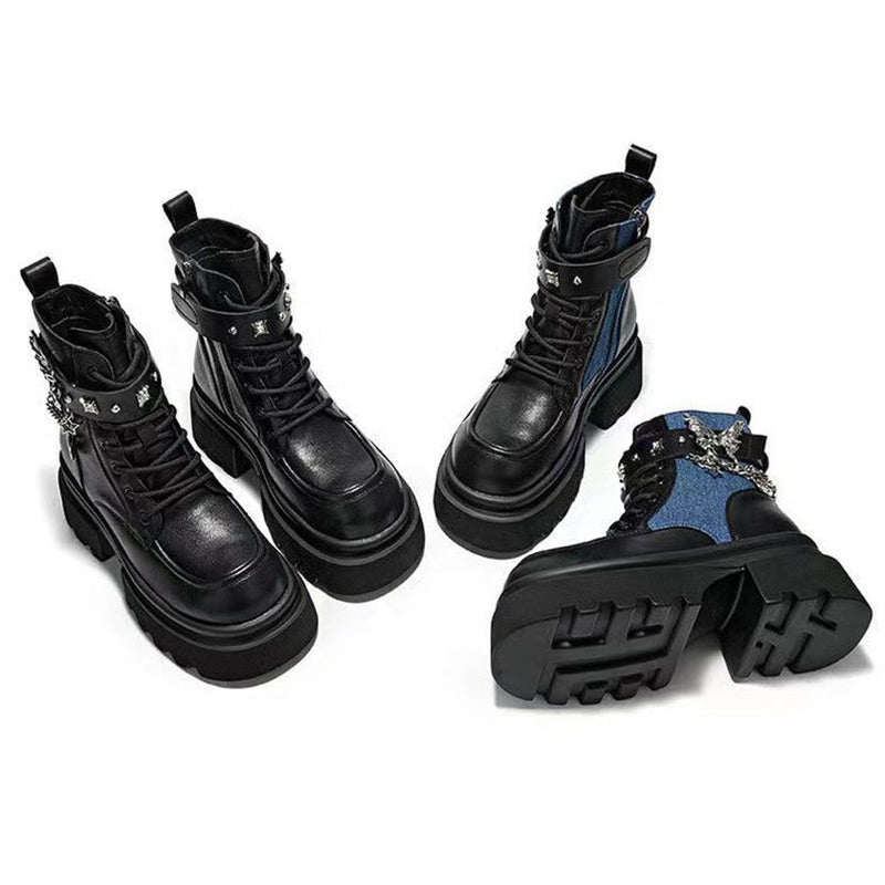Round Toe Boots with Butterfly Chain Accent