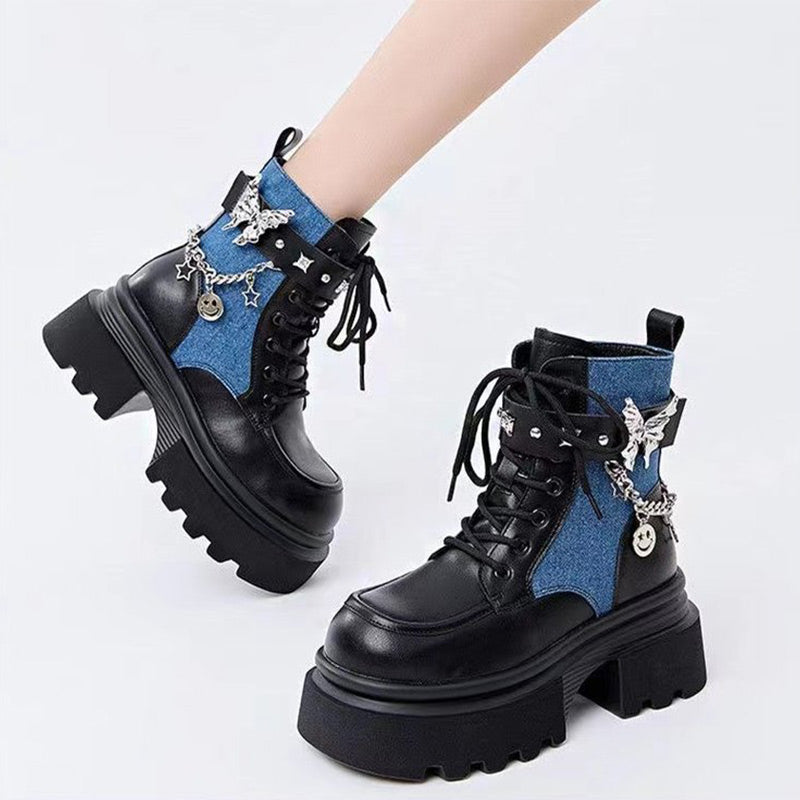 Round Toe Boots with Butterfly Chain Accent