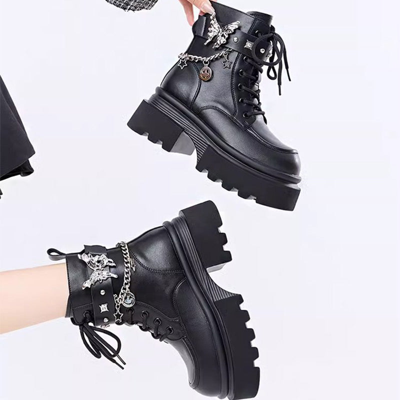 Round Toe Boots with Butterfly Chain Accent
