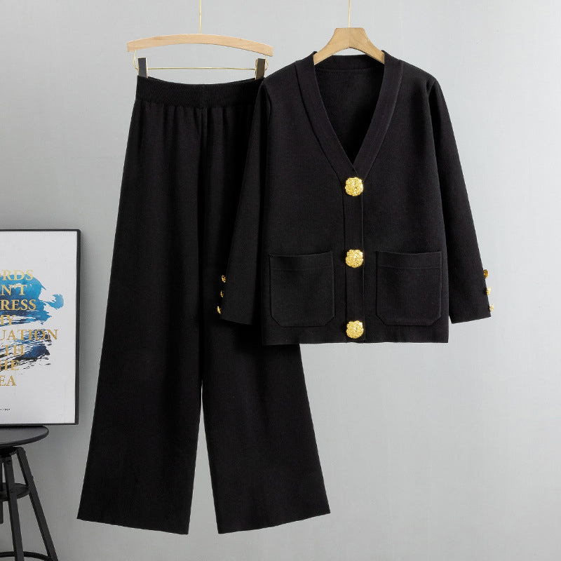 🎅Christmas Gift idea 49% Off 🖤Gold Button Soft Knit Trouser Co-Ord