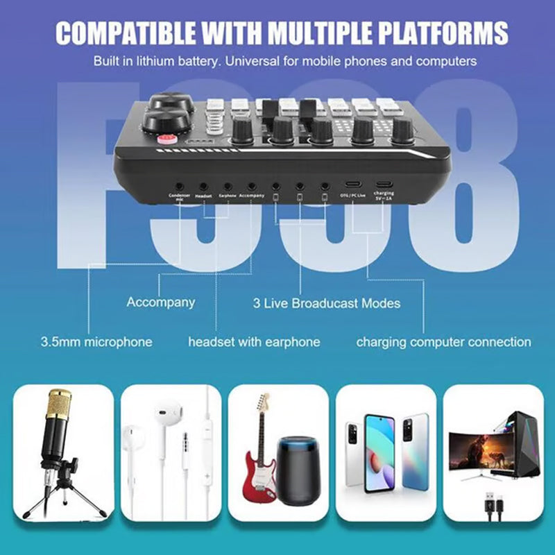 🔥F998 Live Sound Card Audio Mixer, Interfaccia Audio Podcast con Effetti Mixer DJ, Voice Changer con Effetti Sonori per Karaoke Live Streaming Record Gaming🎤