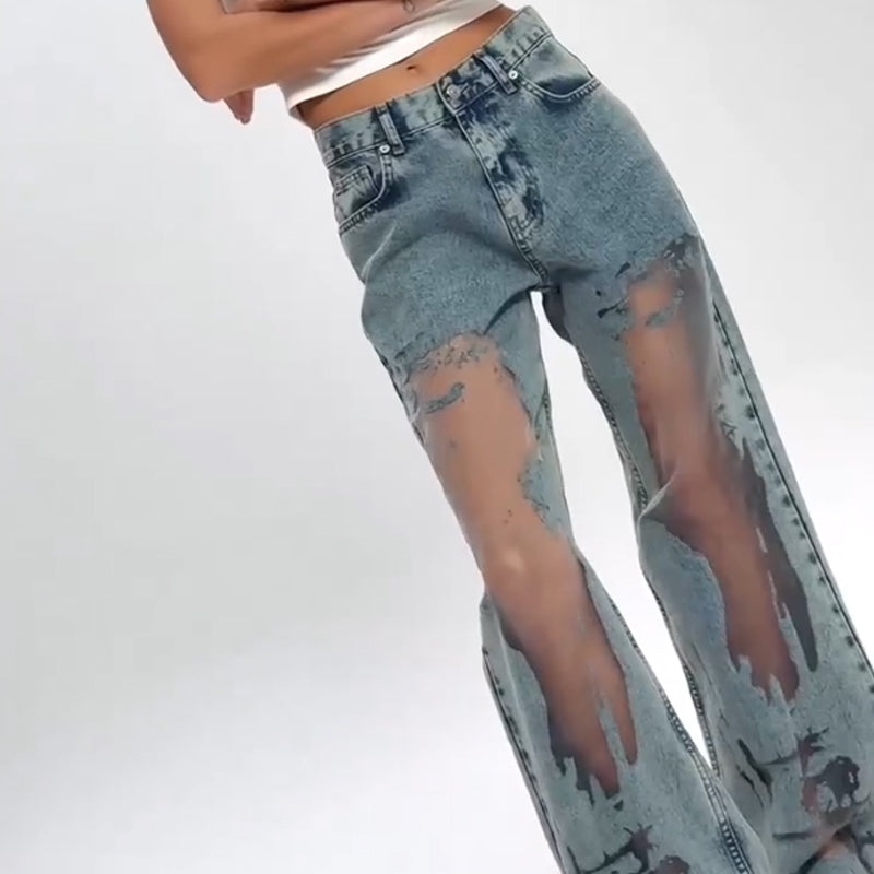 🌸NEW HOT SALE🔥💥Women's Vintage Mesh Patchwork Printed Jeans👖