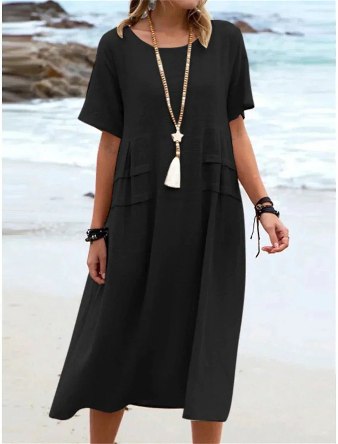 🔥Clearance Sale🔥Women's Round Neck Cotton Linen Midi Dress（The more you buy, the higher the discount）