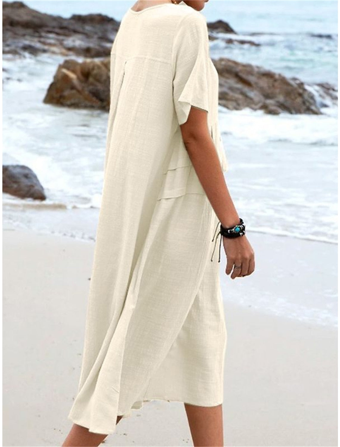 🔥Clearance Sale🔥Women's Round Neck Cotton Linen Midi Dress（The more you buy, the higher the discount）