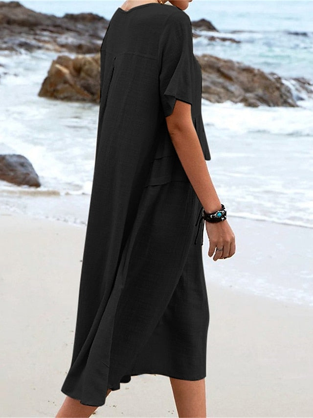 🔥Clearance Sale🔥Women's Round Neck Cotton Linen Midi Dress（The more you buy, the higher the discount）