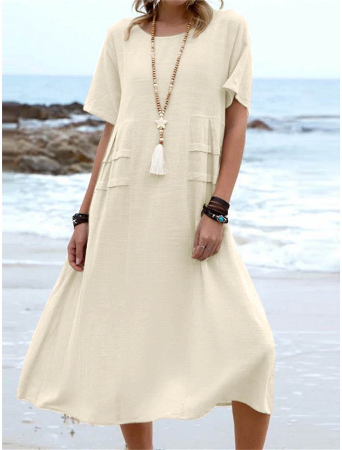 🔥Clearance Sale🔥Women's Round Neck Cotton Linen Midi Dress（The more you buy, the higher the discount）