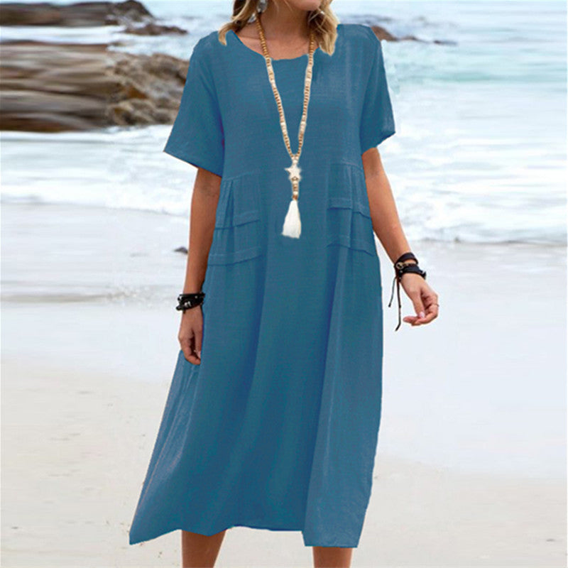 🔥Clearance Sale🔥Women's Round Neck Cotton Linen Midi Dress（The more you buy, the higher the discount）