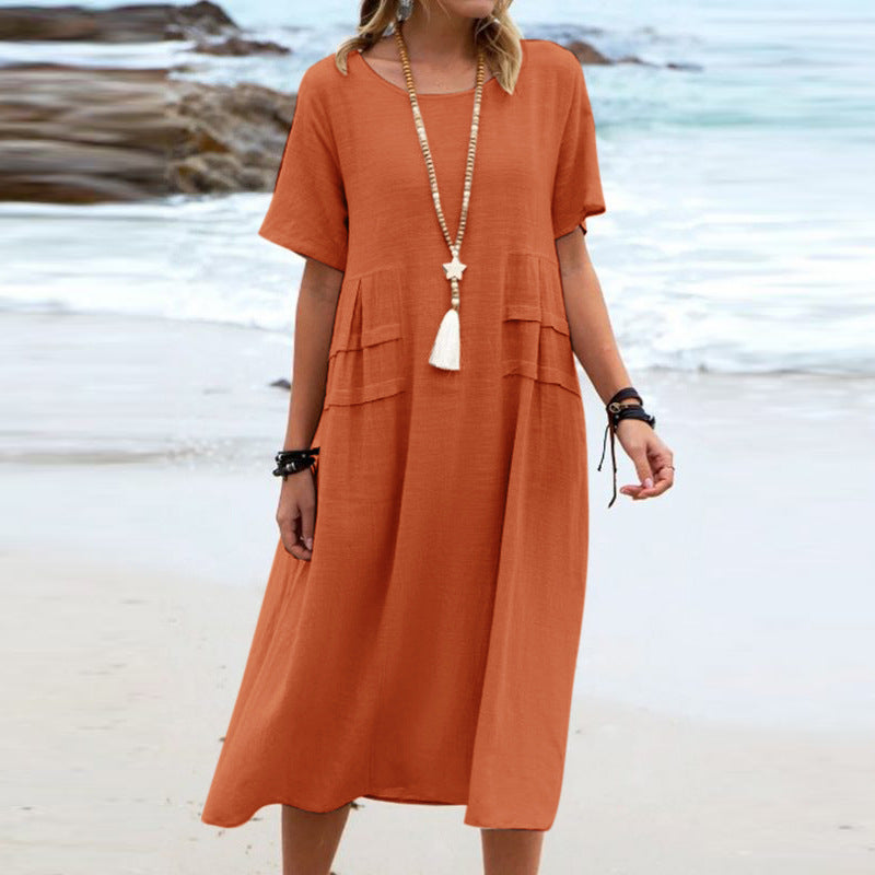 🔥Clearance Sale🔥Women's Round Neck Cotton Linen Midi Dress（The more you buy, the higher the discount）