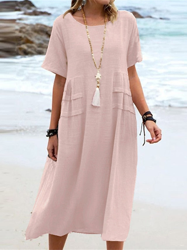 🔥Clearance Sale🔥Women's Round Neck Cotton Linen Midi Dress（The more you buy, the higher the discount）