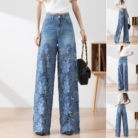 🔥 Summer Sale 39% Off Women's High-Waisted Blue Denim Wide-Leg Pants (Hollow-out Lace Panels)